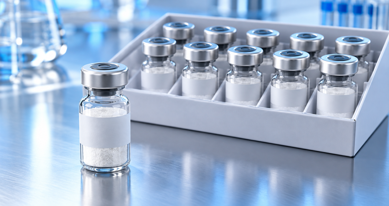 Illustration of one research vial beside a tray of matching vials.