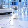 Illustration of a research vial, analytical balance and conceptual chromatogram.