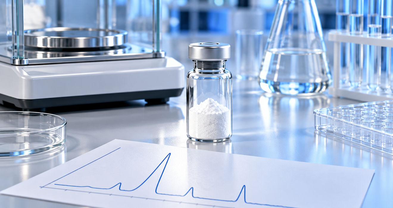 Illustration of a research vial, analytical balance and conceptual chromatogram.