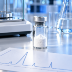 Illustration of a research vial, analytical balance and conceptual chromatogram.